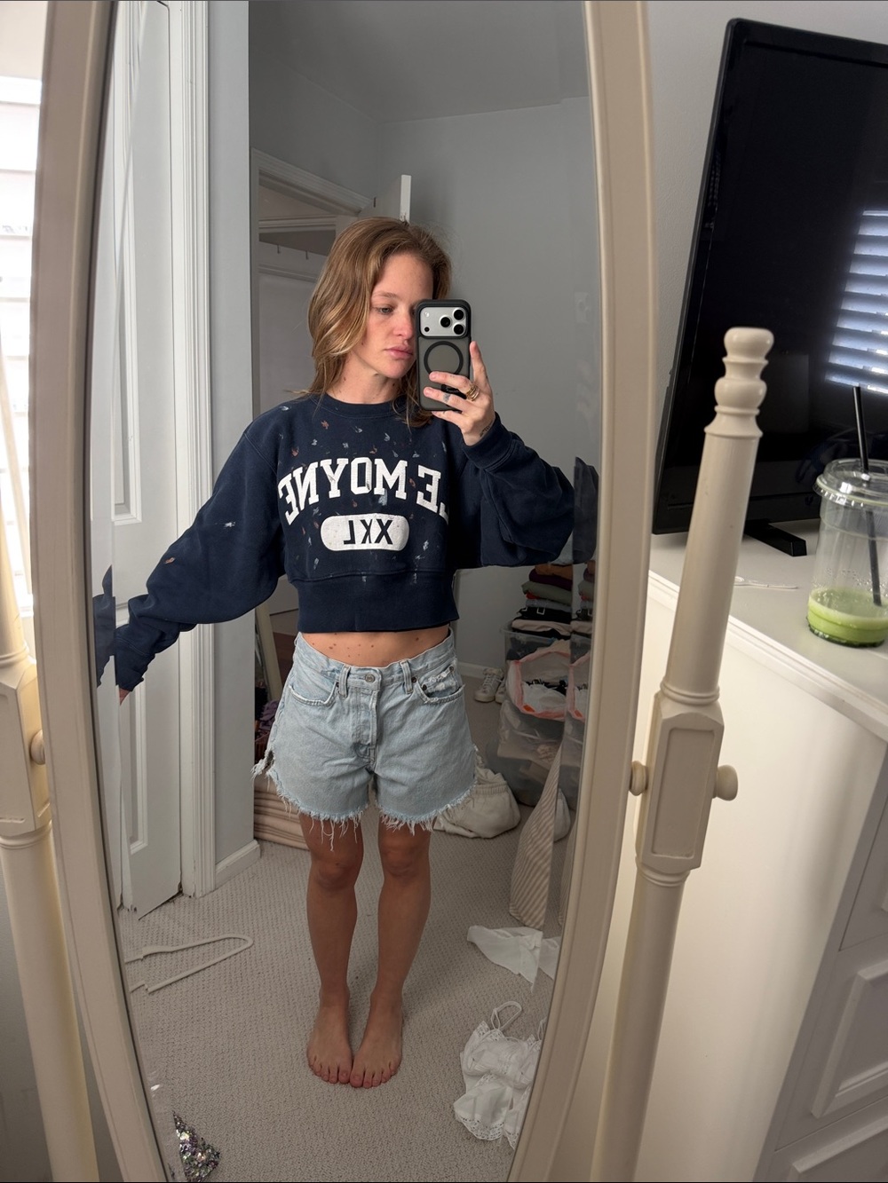 Riley Le Moyne Cropped Navy Graphic Sweatshirt with White Print